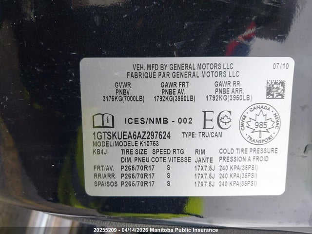 Aukcja sprzedaży 2010 Gmc Sierra 1500 Sl Ext Cab, vin: 1GTSKUEA6AZ297624, numer aukcji: 20255209