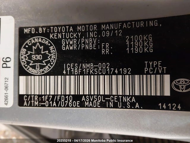 20255218 :رقم المزاد ، 4T1BF1FK5CU174192 vin ، 2012 Toyota Camry Le مزاد بيع