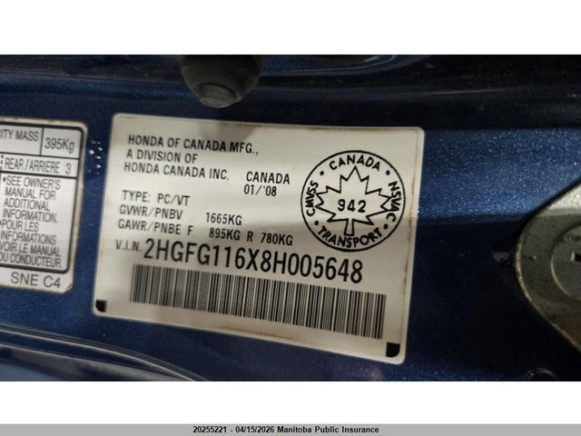 Aukcja sprzedaży 2008 Honda Civic Lx-sr, vin: 2HGFG116X8H005648, numer aukcji: 20255221