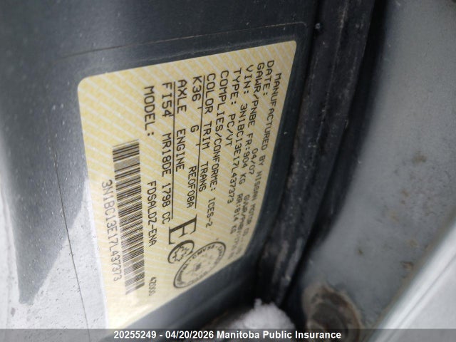 Продаж на аукціоні авто 2007 Nissan Versa 1.8 Sl, vin: 3N1BC13E17L437373, номер лоту: 20255249