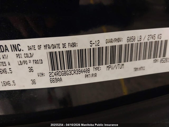 20255254 :رقم المزاد ، 2C4RDGBG3CR394408 vin ، 2012 Dodge Grand Caravan Se مزاد بيع