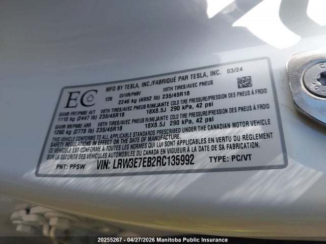2024 Tesla Model 3 Long Range 75d მანქანა იყიდება აუქციონზე, vin: LRW3E7EB2RC135992, აუქციონის ნომერი: 20255267