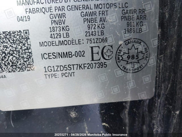 20255271 :رقم المزاد ، 1G1ZD5ST7KF207395 vin ، 2019 Chevrolet Malibu Lt مزاد بيع