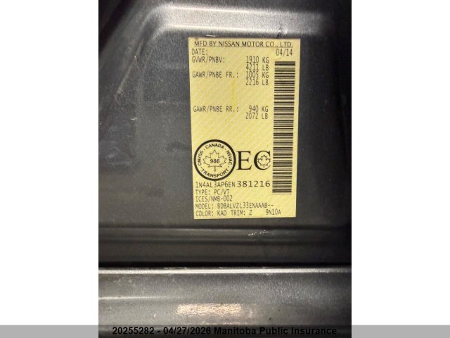 1N4AL3AP6EN381216 Nissan Altima 2.5 Sl