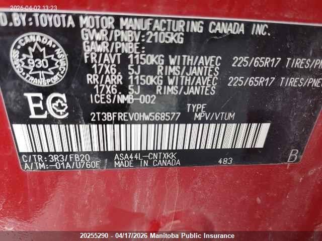 2017 Toyota Rav4 Le მანქანა იყიდება აუქციონზე, vin: 2T3BFREV0HW568577, აუქციონის ნომერი: 20255290