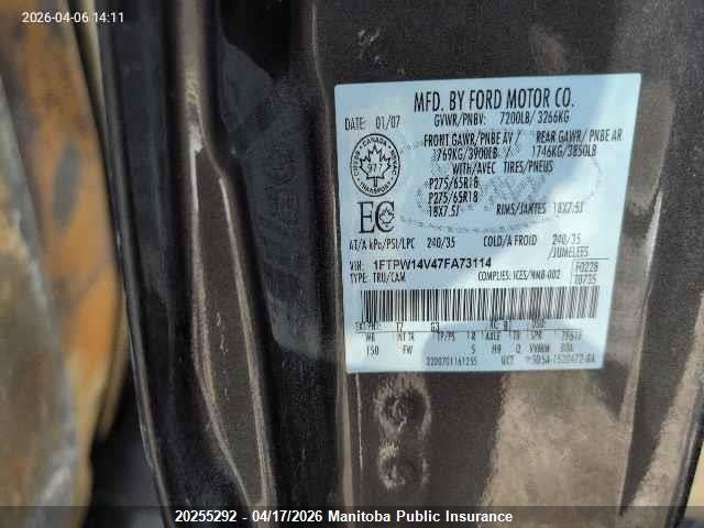 20255292 :رقم المزاد ، 1FTPW14V47FA73114 vin ، 2007 Ford F150 Xlt Supercrew مزاد بيع