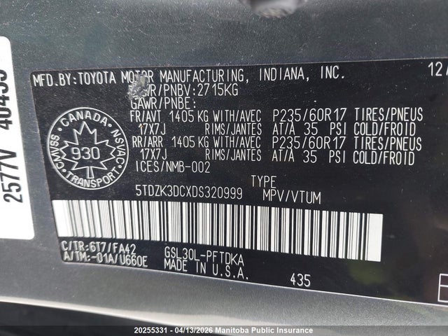 2013 Toyota Sienna Ce V6 მანქანა იყიდება აუქციონზე, vin: 5TDZK3DCXDS320999, აუქციონის ნომერი: 20255331