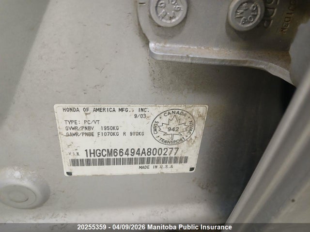 Продаж на аукціоні авто 2004 Honda Accord Ex-v6, vin: 1HGCM66494A800277, номер лоту: 20255359