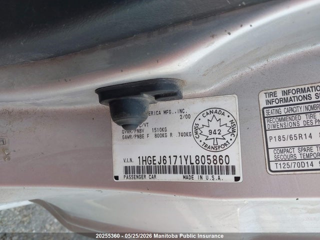 Продаж на аукціоні авто 2000 Honda Civic Se, vin: 1HGEJ6171YL805860, номер лоту: 20255360