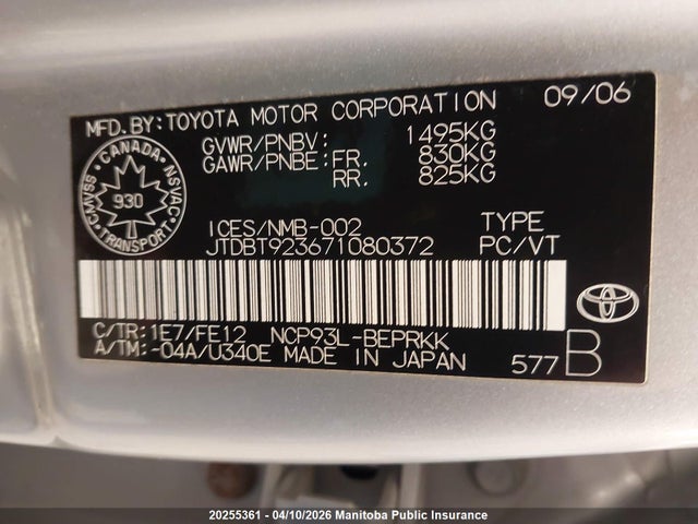 20255361 :رقم المزاد ، JTDBT923671080372 vin ، 2007 Toyota Yaris مزاد بيع