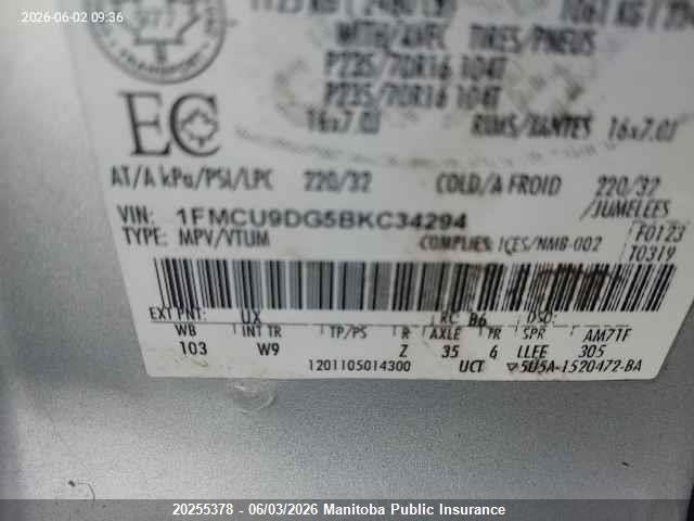 2011 Ford Escape Xlt V6 მანქანა იყიდება აუქციონზე, vin: 1FMCU9DG5BKC34294, აუქციონის ნომერი: 20255378