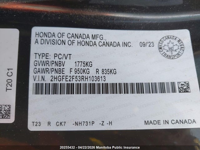 Aukcja sprzedaży 2024 Honda Civic Sport, vin: 2HGFE2F53RH103613, numer aukcji: 20255432