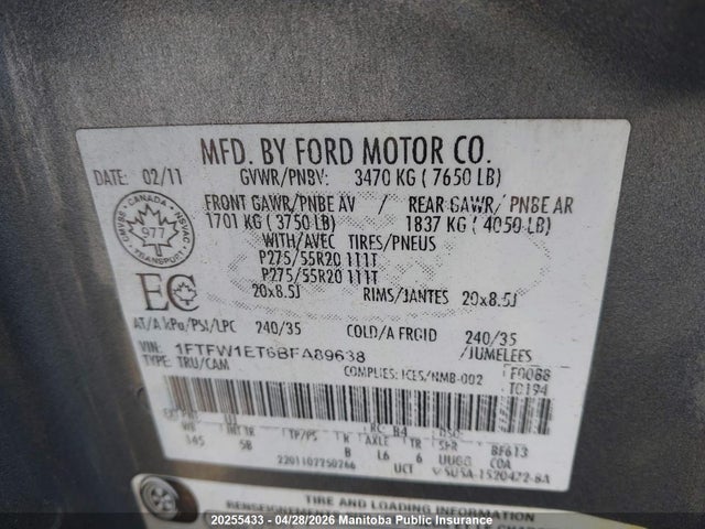 20255433 :رقم المزاد ، 1FTFW1ET6BFA89638 vin ، 2011 Ford F150 Xlt Supercrew مزاد بيع