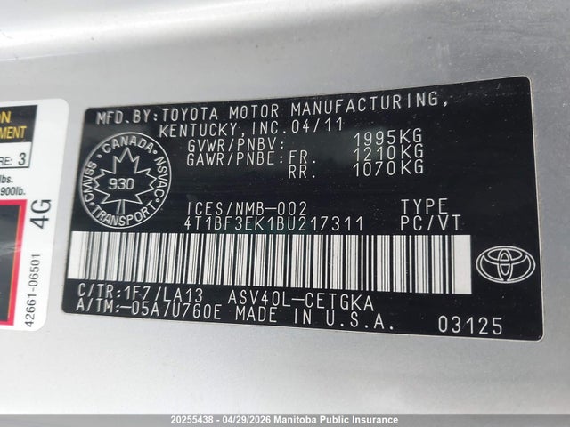2011 Toyota Camry Xle მანქანა იყიდება აუქციონზე, vin: 4T1BF3EK1BU217311, აუქციონის ნომერი: 20255438