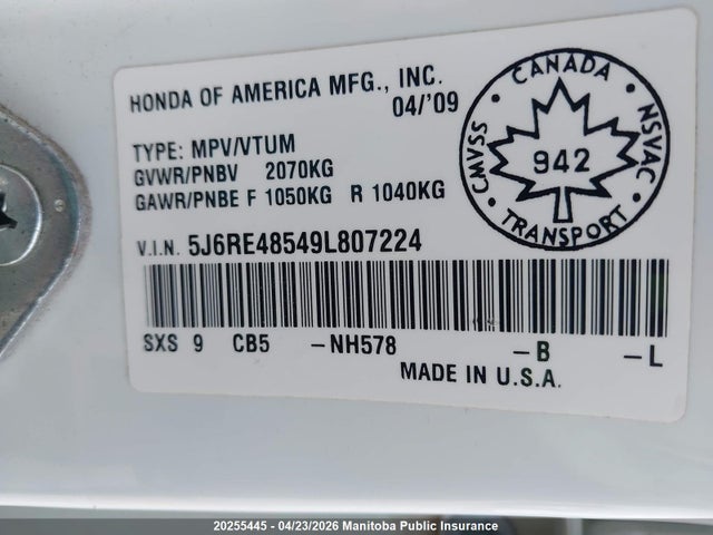 Aukcja sprzedaży 2009 Honda Cr-v Ex, vin: 5J6RE48549L807224, numer aukcji: 20255445