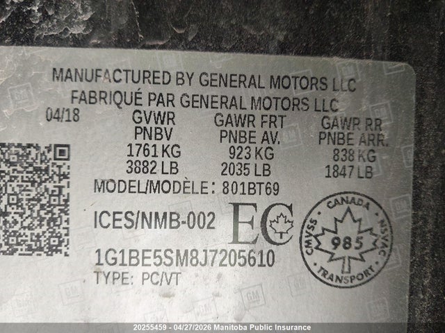 1G1BE5SM8J7205610 Chevrolet Cruze Lt Turbo