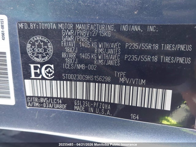 20255485 :رقم المزاد ، 5TDDZ3DC9HS156298 vin ، 2017 Toyota Sienna Xle V6 مزاد بيع