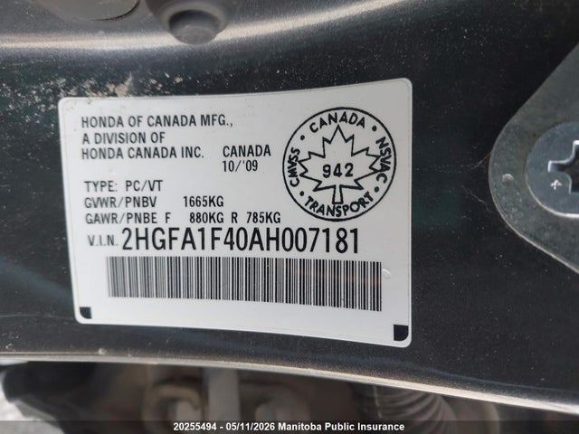 Aukcja sprzedaży 2010 Honda Civic Dx-g, vin: 2HGFA1F40AH007181, numer aukcji: 20255494