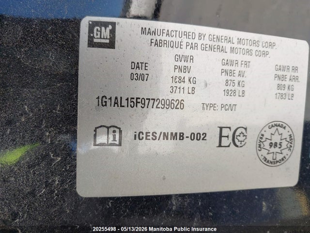 2007 Chevrolet Cobalt Lt მანქანა იყიდება აუქციონზე, vin: 1G1AL15F977299626, აუქციონის ნომერი: 20255498