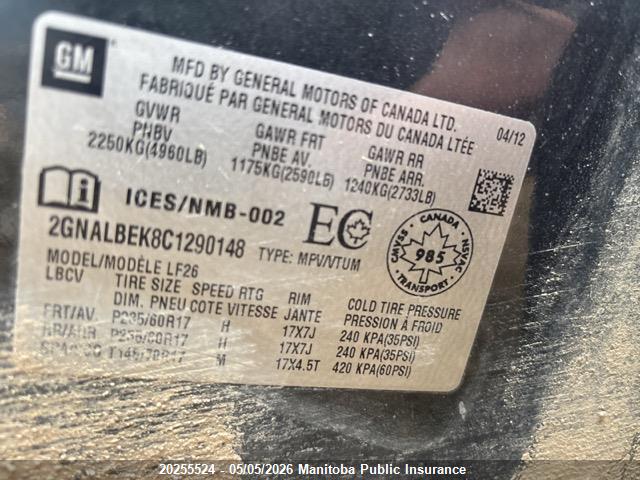 Aukcja sprzedaży 2012 Chevrolet Equinox Ls, vin: 2GNALBEK8C1290148, numer aukcji: 20255524