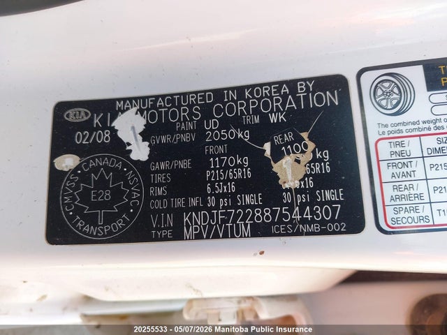 Aukcja sprzedaży 2008 Kia Sportage Lx, vin: KNDJF722887544307, numer aukcji: 20255533