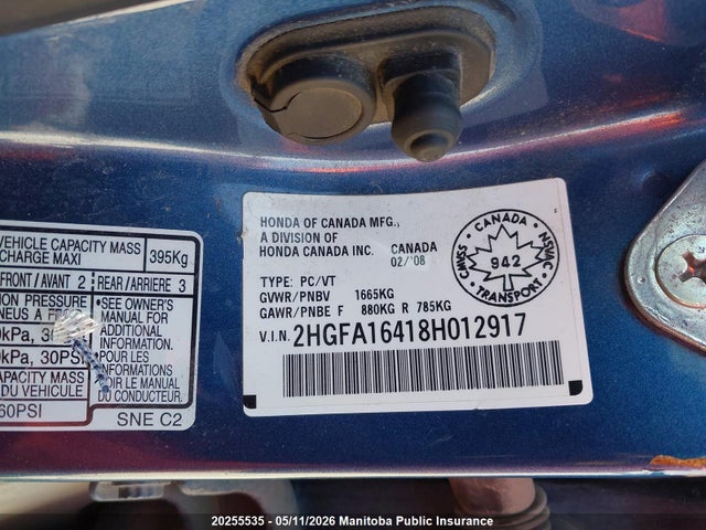 Aukcja sprzedaży 2008 Honda Civic Dx-g, vin: 2HGFA16418H012917, numer aukcji: 20255535