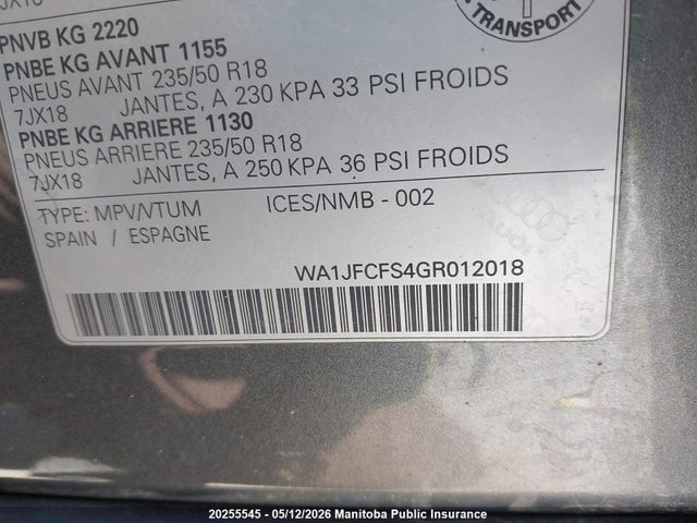2016 Audi Q3 მანქანა იყიდება აუქციონზე, vin: WA1JFCFS4GR012018, აუქციონის ნომერი: 20255545