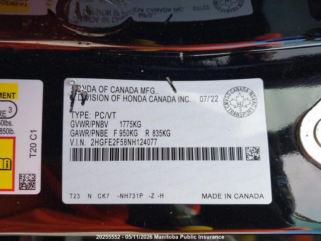 20255552 :رقم المزاد ، 2HGFE2F58NH124077 vin ، 2022 Honda Civic Sport مزاد بيع