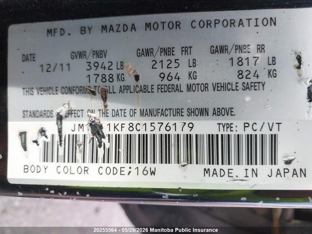Продажа на аукционе авто 2012 Mazda 3 Mazda Sport Gx, vin: JM1BL1KF8C1576179, номер лота: 20255564
