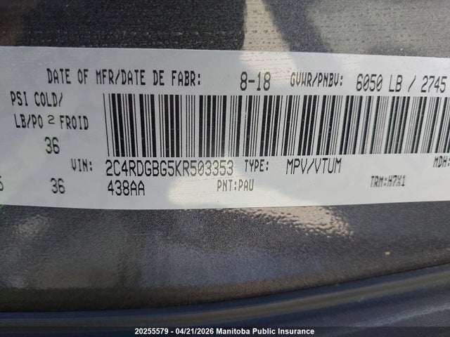 20255579 :رقم المزاد ، 2C4RDGBG5KR503353 vin ، 2019 Dodge Grand Caravan Crew مزاد بيع