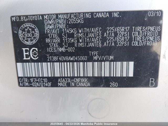 2010 Toyota Rav4 მანქანა იყიდება აუქციონზე, vin: 2T3BF4DV8AW045060, აუქციონის ნომერი: 20255645