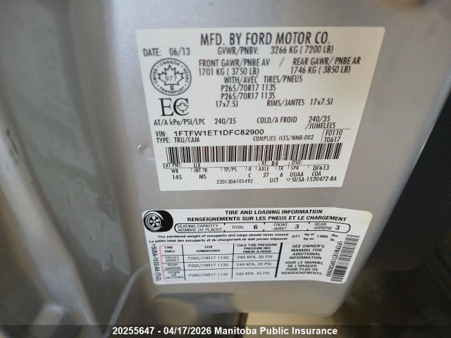 20255647 :رقم المزاد ، 1FTFW1ET1DFC82900 vin ، 2013 Ford F150 Xlt Supercrew مزاد بيع