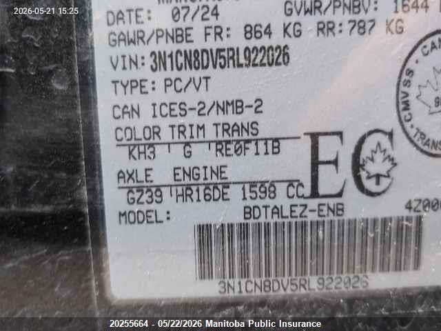 Aukcja sprzedaży 2024 Nissan Versa 1.6 S, vin: 3N1CN8DV5RL922026, numer aukcji: 20255664