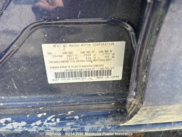 Продажа на аукционе авто 2008 Mazda 3 Mazda Gs, vin: JM1BK32F081141517, номер лота: 20255666