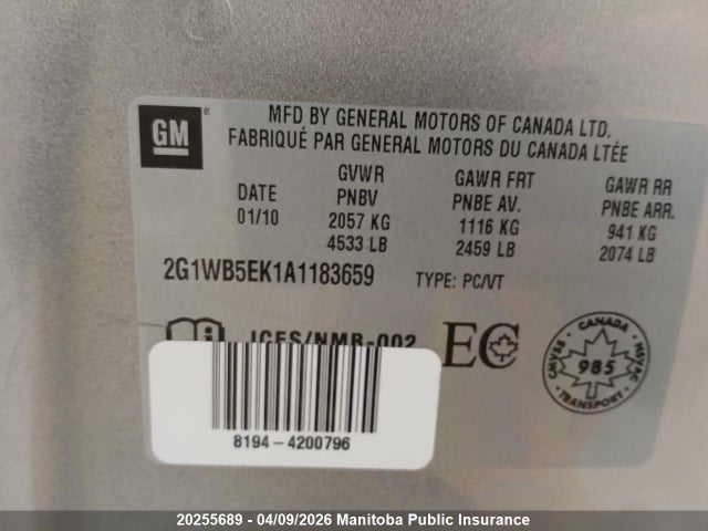 20255689 :رقم المزاد ، 2G1WB5EK1A1183659 vin ، 2010 Chevrolet Impala Lt V6 مزاد بيع