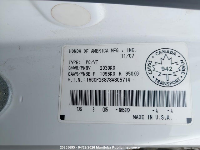 Aukcja sprzedaży 2008 Honda Accord Ex, vin: 1HGCP26878A805714, numer aukcji: 20255695