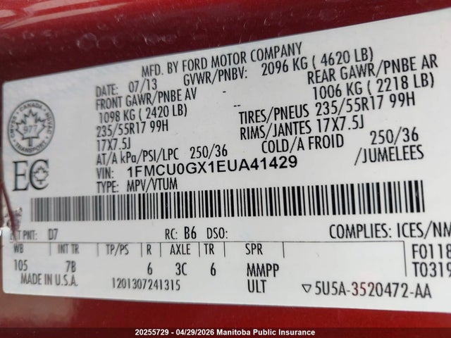2014 Ford Escape Se მანქანა იყიდება აუქციონზე, vin: 1FMCU0GX1EUA41429, აუქციონის ნომერი: 20255729