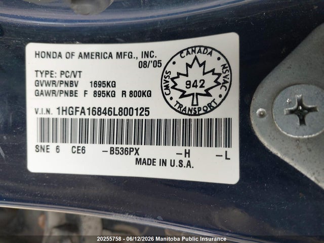 2006 Honda Civic Ex მანქანა იყიდება აუქციონზე, vin: 1HGFA16846L800125, აუქციონის ნომერი: 20255758