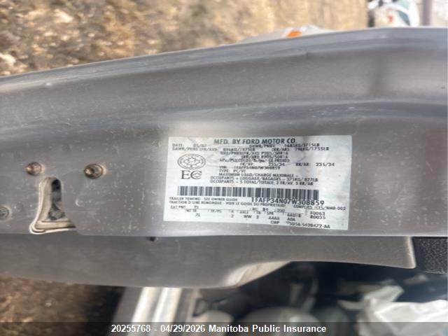 2007 Ford Focus Zx4 Ses მანქანა იყიდება აუქციონზე, vin: 1FAFP34N07W308859, აუქციონის ნომერი: 20255768