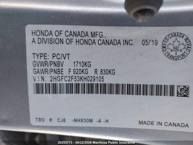 Aukcja sprzedaży 2019 Honda Civic Lx, vin: 2HGFC2F53KH029105, numer aukcji: 20255773