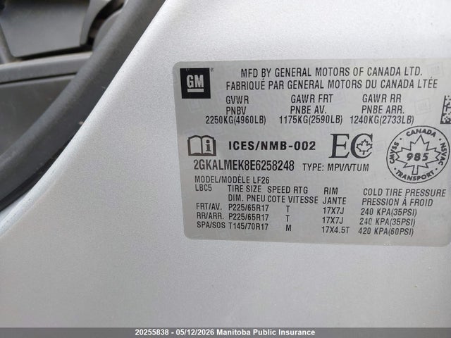 20255838 :رقم المزاد ، 2GKALMEK8E6258248 vin ، 2014 Gmc Terrain Sle مزاد بيع