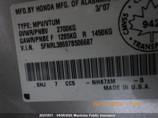 Aukcja sprzedaży 2007 Honda Odyssey Ex-l Ex-l, vin: 5FNRL38697B506687, numer aukcji: 20255851