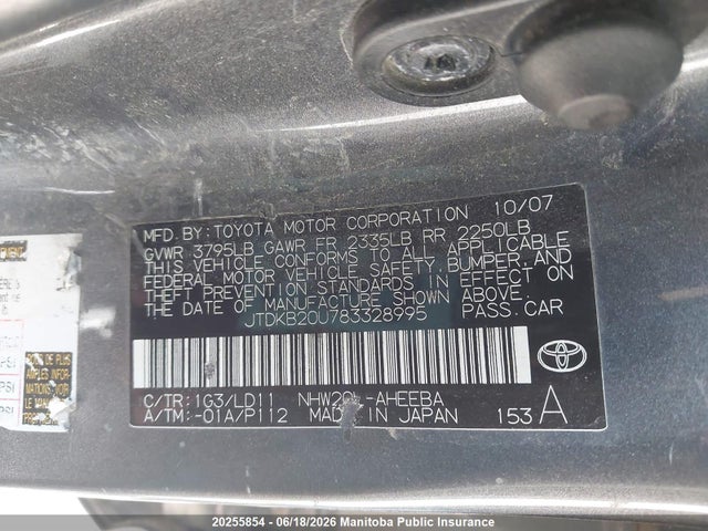 Aukcja sprzedaży 2008 Toyota Prius, vin: JTDKB20U783328995, numer aukcji: 20255854