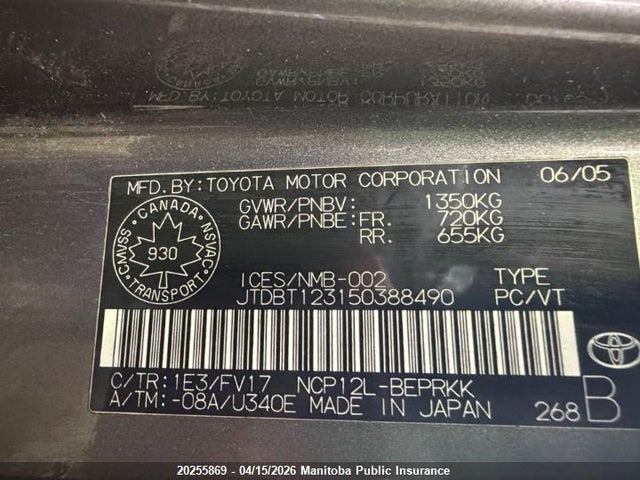 2005 Toyota Echo მანქანა იყიდება აუქციონზე, vin: JTDBT123150388490, აუქციონის ნომერი: 20255869