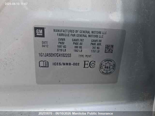 Продаж на аукціоні авто 2012 Chevrolet Sonic Ls, vin: 1G1JA5EH7C4182203, номер лоту: 20255870