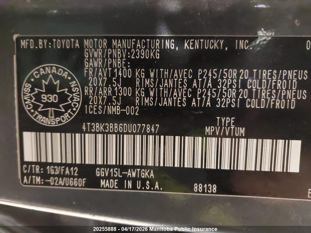 2013 Toyota Venza V6 მანქანა იყიდება აუქციონზე, vin: 4T3BK3BB6DU077847, აუქციონის ნომერი: 20255888