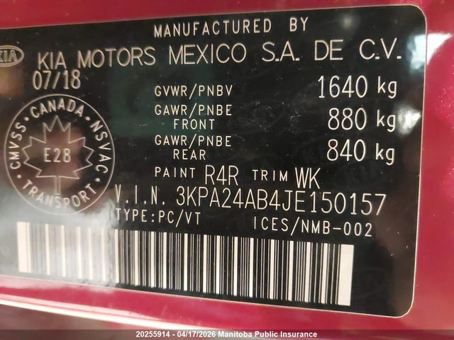 3KPA24AB4JE150157 KIA RIO LX