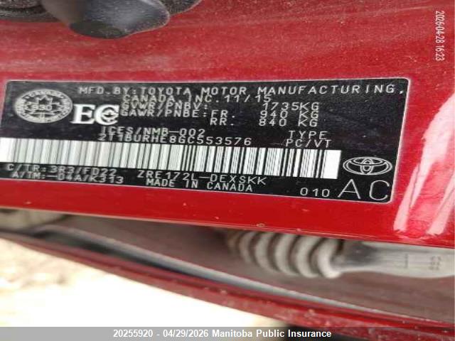 2T1BURHE8GC553576 Toyota Corolla S