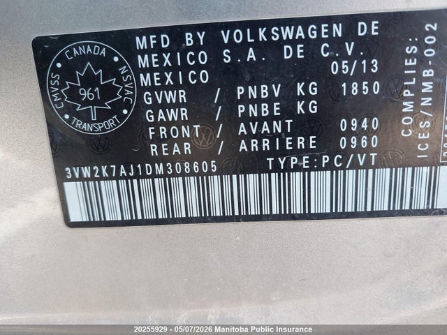 2013 Volkswagen Jetta 2.0 მანქანა იყიდება აუქციონზე, vin: 3VW2K7AJ1DM308605, აუქციონის ნომერი: 20255929