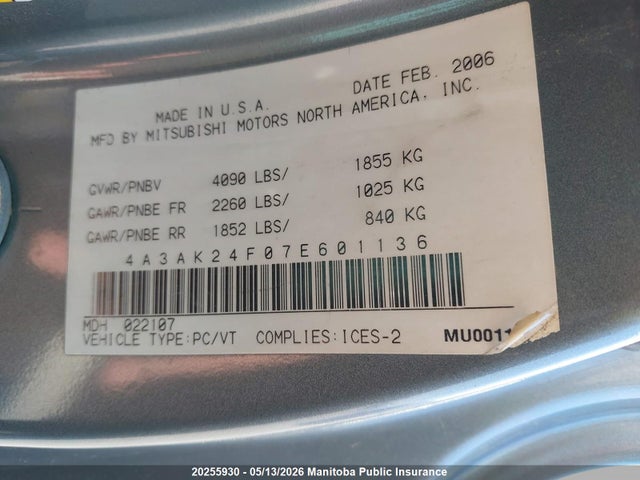 Aukcja sprzedaży 2007 Mitsubishi Eclipse Gs, vin: 4A3AK24F07E601136, numer aukcji: 20255930